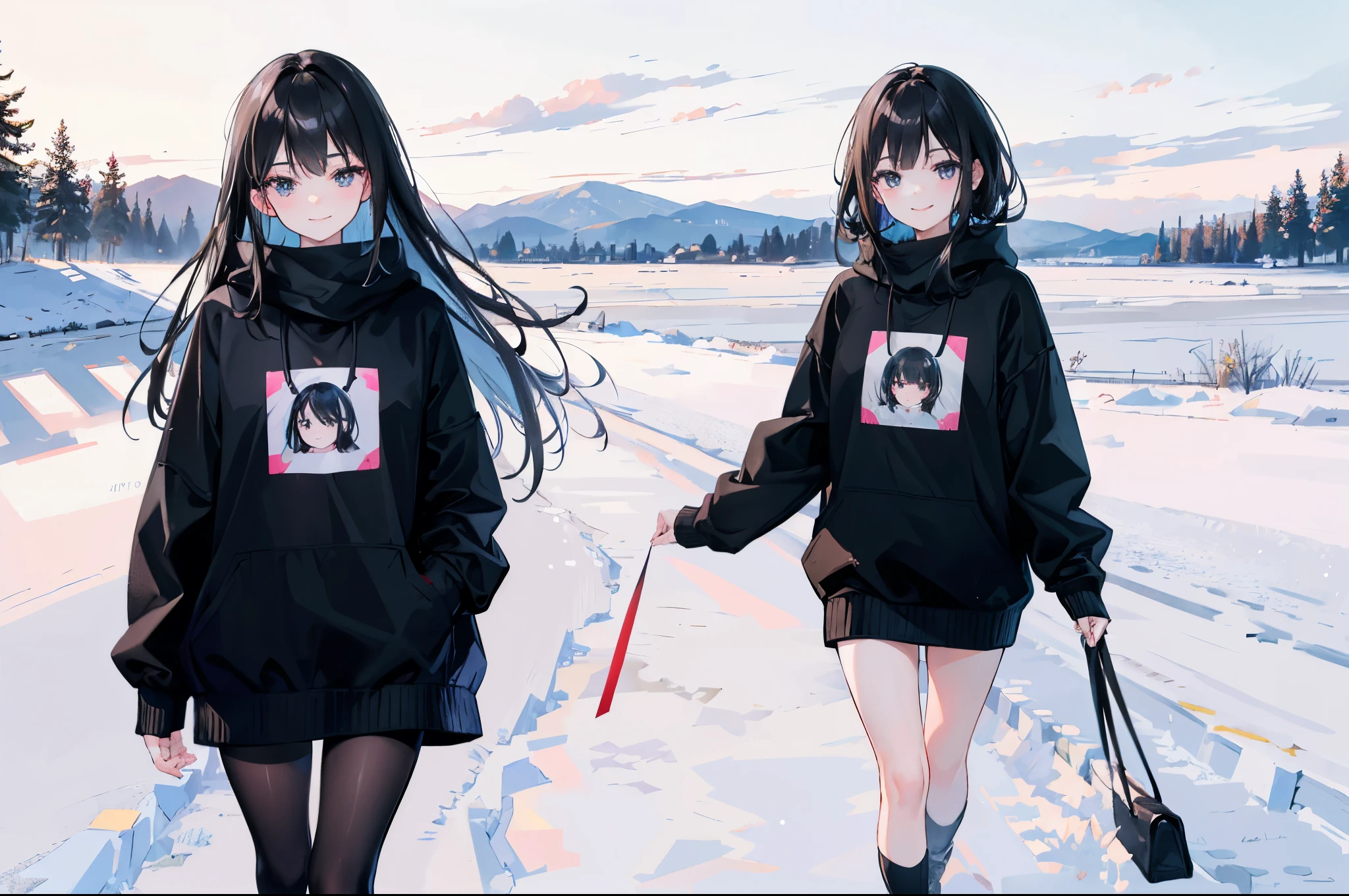 4K photo of an 18 year old girl with dark black hair, black eyes wearing a girl's sweater outfit. Walking in the snow field with joy, smiling