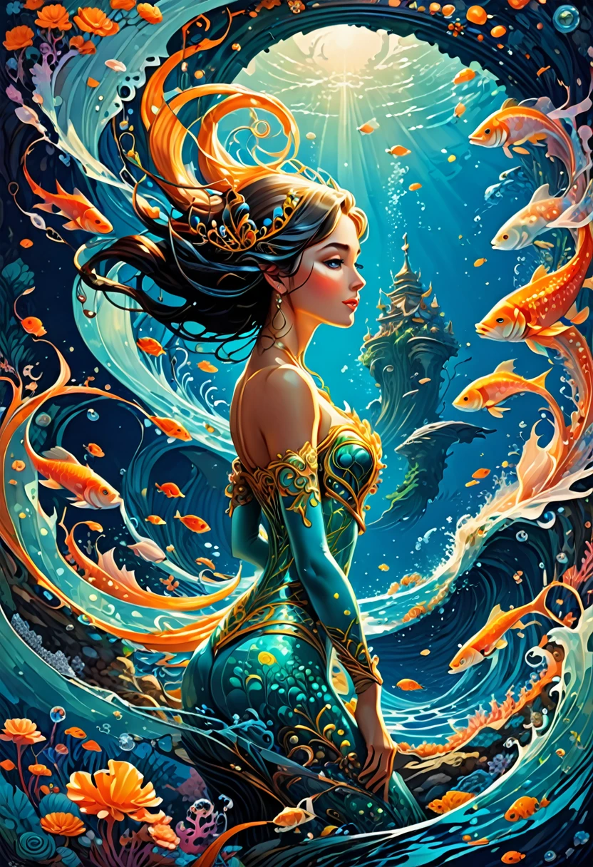 Mermaid Princess, by Kilian Eng, best quality, masterpiece, very aesthetic, perfect composition, intricate details, ultra-detailed