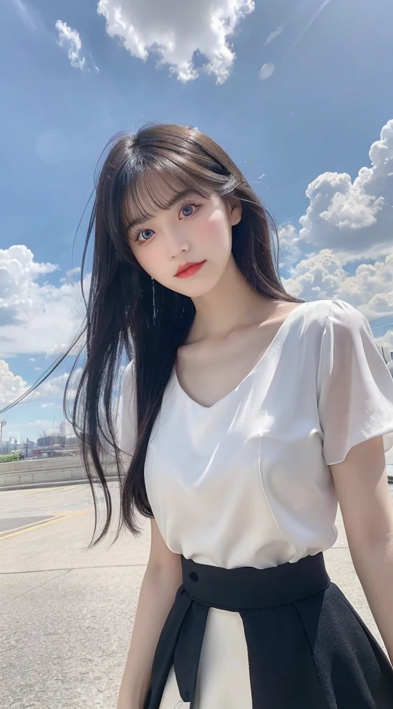 Exquisite face,Best quality, masterpiece, a girl, above the clouds, alone, hair, bangs, flowing black hair, skirt, eyes, short sleeves, outdoors, parted lips, sky, day, clouds, white dress, blue sky, cloudy sky, swing, xxmix_girl,real, lifelike