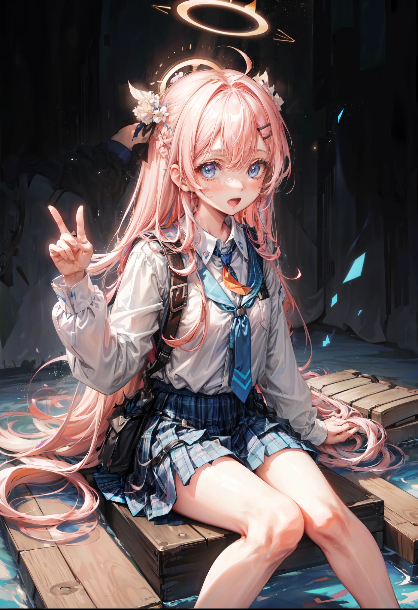 1girl, hoshino (blue archive), solo, heterochromia, pink hair, skirt, long hair, necktie, ahoge, shirt, halo, plaid skirt, blue eyes, plaid,  looking at viewer, white shirt, sitting, orange eyes, chest harness, harness, long sleeves, id card, open mouth, very long hair, collared shirt, smile, blue necktie, bangs, feet out of frame, between legs, hand between legs, blush, hair between eyes, highres,masterpiece, best quality