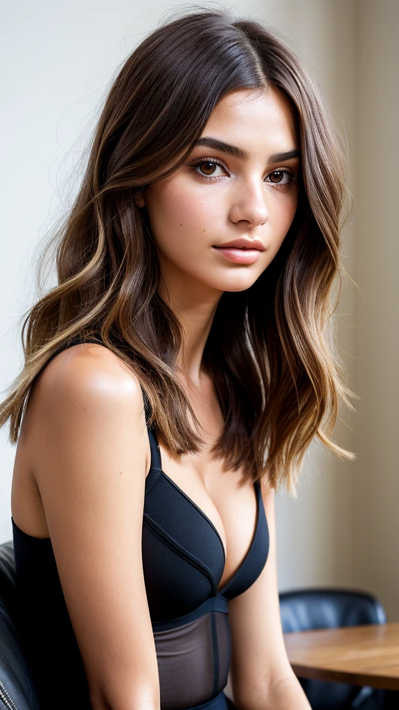 full waist up pose , upper knees pose , half-opened minimalist seethrough transparent clothes , detail skin texture , damp , cleavage ,mulher arafed com longos cabelos castanhos e um top preto, Retrato Sophie Mudd, franja de cortina, Angelina Stroganova, julia sarda, cabelos ondulados na altura dos ombros, Emily Ratajkowski, franja de cortina de parte central, Retrato Emily Ratajkowski, Olivia de Bernardinis, Poarch bonito, Taran Dasha, Barbara Palvin
