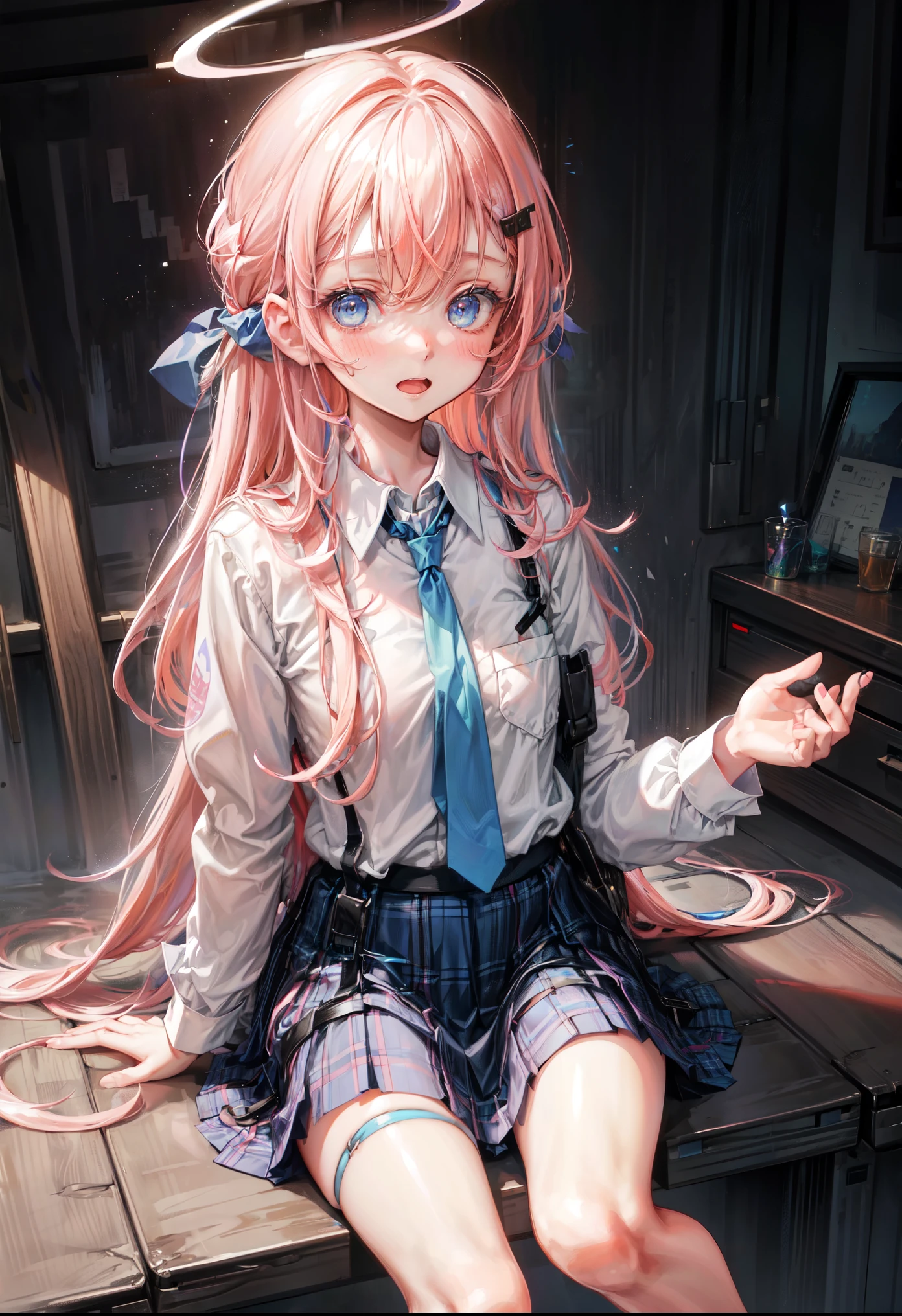 1girl, hoshino (blue archive), solo, heterochromia, pink hair, skirt, long hair, necktie, ahoge, shirt, halo, plaid skirt, blue eyes, plaid,  looking at viewer, white shirt, sitting, orange eyes, chest harness, harness, long sleeves, id card, open mouth, very long hair, collared shirt, smile, blue necktie, bangs, feet out of frame, between legs, hand between legs, blush, hair between eyes, highres,masterpiece, best quality