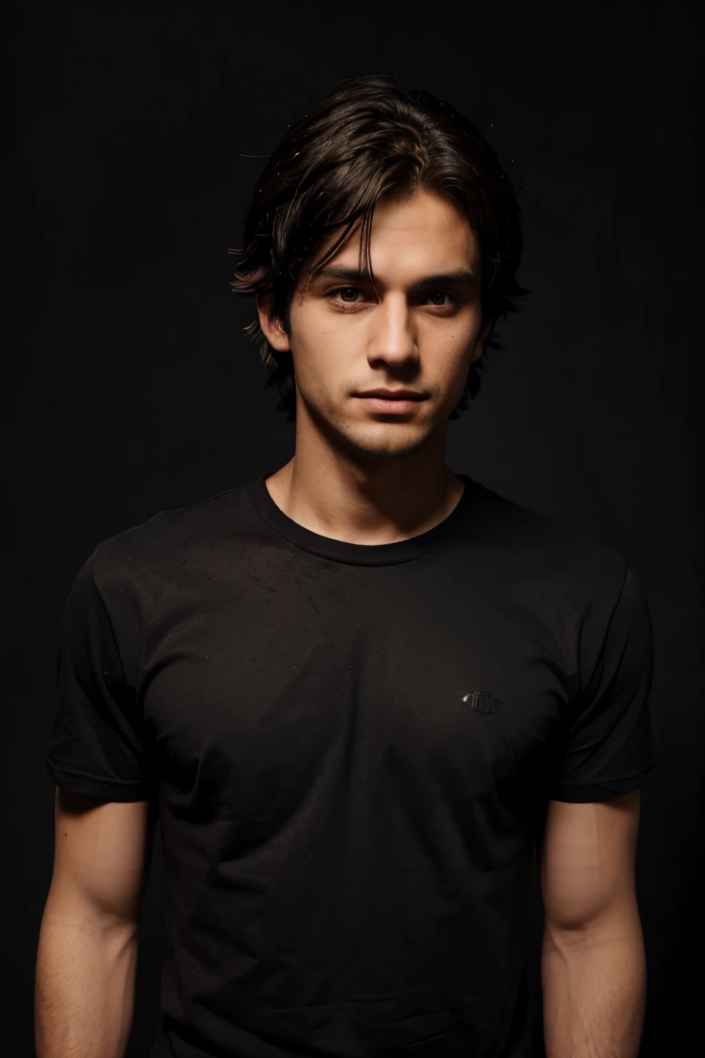 Handsome boy, male , black messy hair, T Shirt outfit, friendly black with red, humanoid shape, in the black background, super super realistic