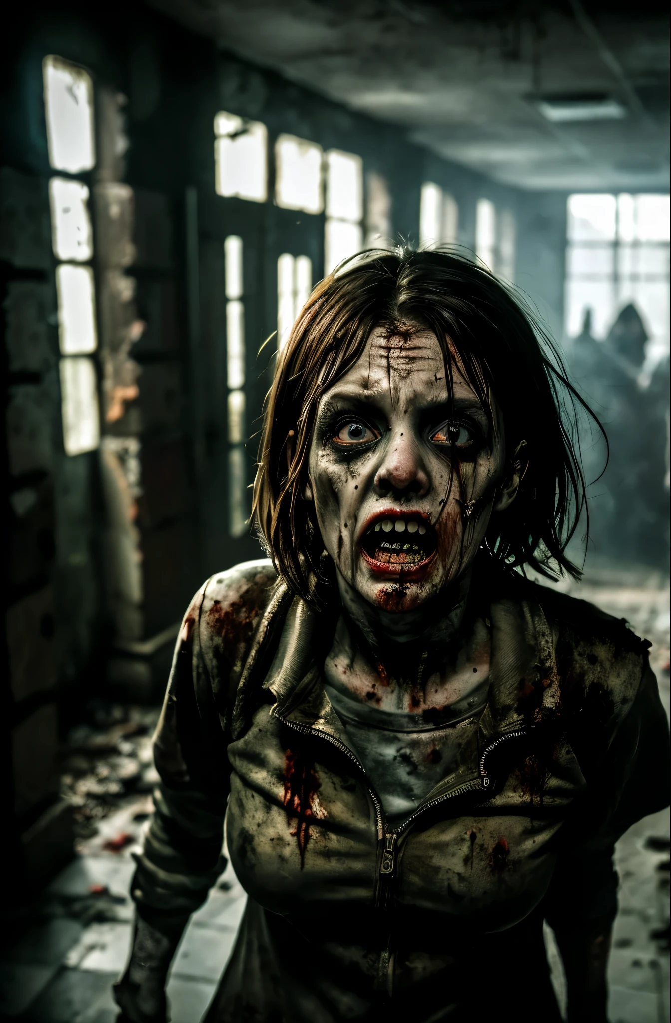 scary,zombie girl,walking dead,(best quality,4k,8k,highres,masterpiece:1.2),ultra-detailed,(realistic,photorealistic,photo-realistic:1.37),dark atmosphere,mysterious lighting,horror genre,creepy,decayed flesh,blood splatters,rotting clothes,sharp teeth,empty eyes,horror movie scene,abandoned street,post-apocalyptic setting,horde of zombies,horror makeup,haunting expression,undead creatures,eerie shadows,ominous atmosphere,disturbing,terrifying,nightmare-inducing,macabre artwork,dark and twisted,horror masterpiece,sinister,ghoulish,evil presence,creepy scenery,horror-themed art,frantic screams,spooky ambiance.