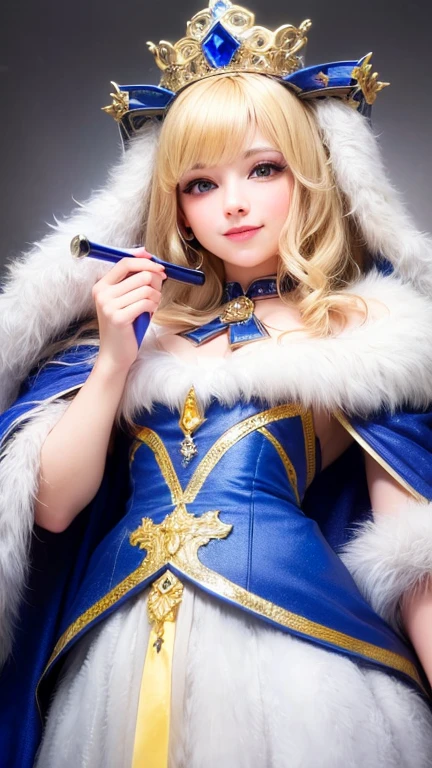 (UHD, retina, masterpiece, Accurate, anatomically correct, rough skin, Super detailed, advanced details, high quality, 最high quality, High resolution, 1080P, HD, 4K, 8K, 16k), (beautiful and fine eyes, beautiful detailed lips, highly detailed eyes and face), studio lighting, Physically based rendering, Bright colors, (big breasts, super big breasts, super extra big breasts, glamorous body), (crown, luxurious royal blue cloak, white fur, gem, ornaments, royal coat of arms, take the scepter:1.5), (portrait, blonde hair, shiny hair, shiny skin), (Bokeh), (tilt your head to the side:1.5), eye reflection, (blush, smile, cowboy shot, from below:1.5),