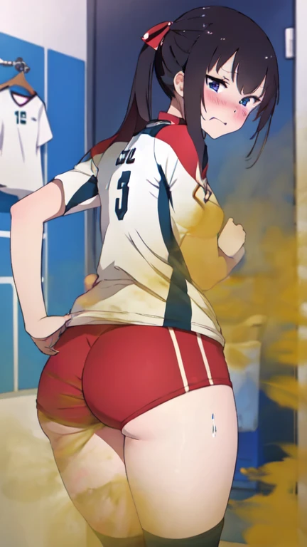 2 Asian girls, anime girls, both farting together side by side, desperate to poop, farting while standing, farting in public changing room, wearing volleyball outfit, stomach bloated, hands hugging stomach, pained expression, shocked and embarrassed, mouth open in shock, sweating, blushing, beautiful and cute face, anime art style, fit body, tall and thin, view from side, legs spread, 2 girls, duo, 2 girls farting facing each other
