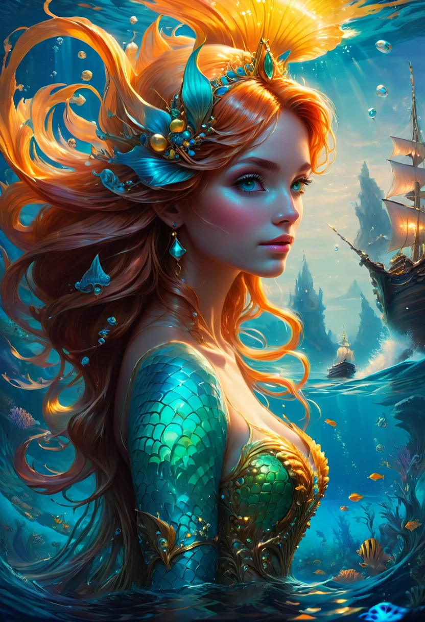 Mermaid Princess, by Christopher Balaskas, best quality, masterpiece, very aesthetic, perfect composition, intricate details, ultra-detailed