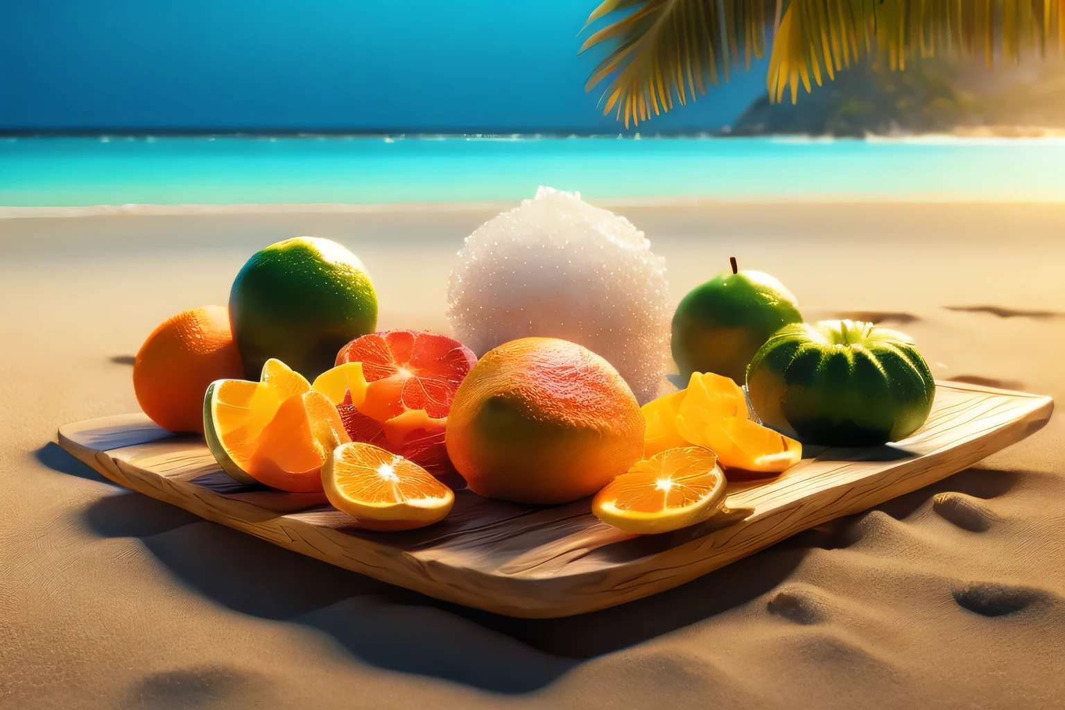 "/prefer suffix --ar 3:2 --q 2 --v 5.1" tropical fruits on a tropical beach with crystal clear water and white sand, palmeiras,