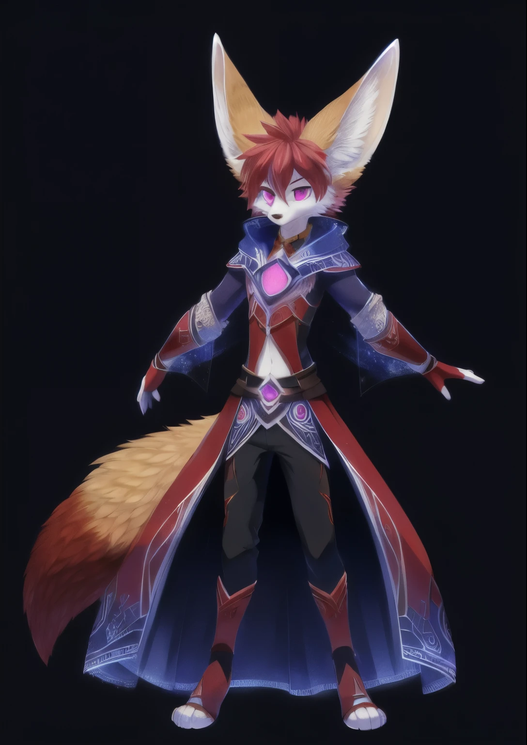 ((masterpiece, best quality) anthro, male white fennec fox, solo, hair, pink eyes, full body, one big tail, dark background. dark mage with white and red cloack, full body concept, realism