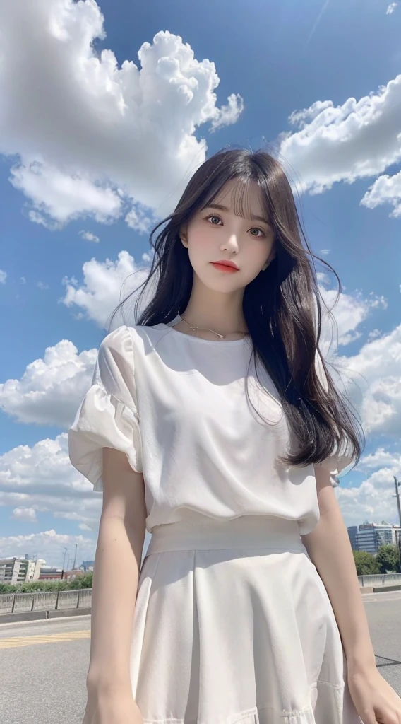 Exquisite face,Best quality, masterpiece, a girl, above the clouds, alone, hair, bangs, flowing black hair, skirt,  eyes, short sleeves, outdoors, parted lips, sky, day, clouds, white dress, blue sky, cloudy sky, swing, xxmix_girl,real, lifelike