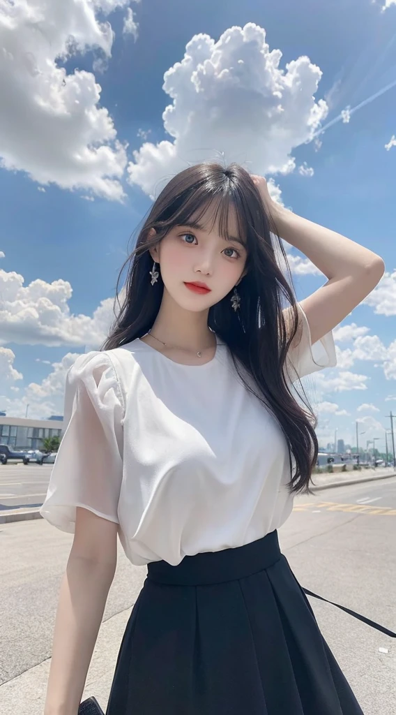 Exquisite face,Best quality, masterpiece, a girl, above the clouds, alone, hair, bangs, flowing black hair, skirt, eyes, short sleeves, outdoors, parted lips, sky, day, clouds, white dress, blue sky, cloudy sky, swing, xxmix_girl,real, lifelike
