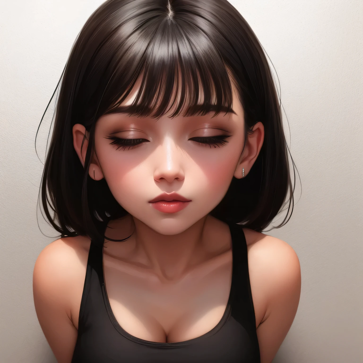 Amazing portrait of a sultry and stunning woman with a captivating gaze and flawless makeup she's your childhood best friend who had a glow up wearing a black tank top and black short shorts showcasing her alluring figure including her thick thighs and wide hips emanating a provocative aura