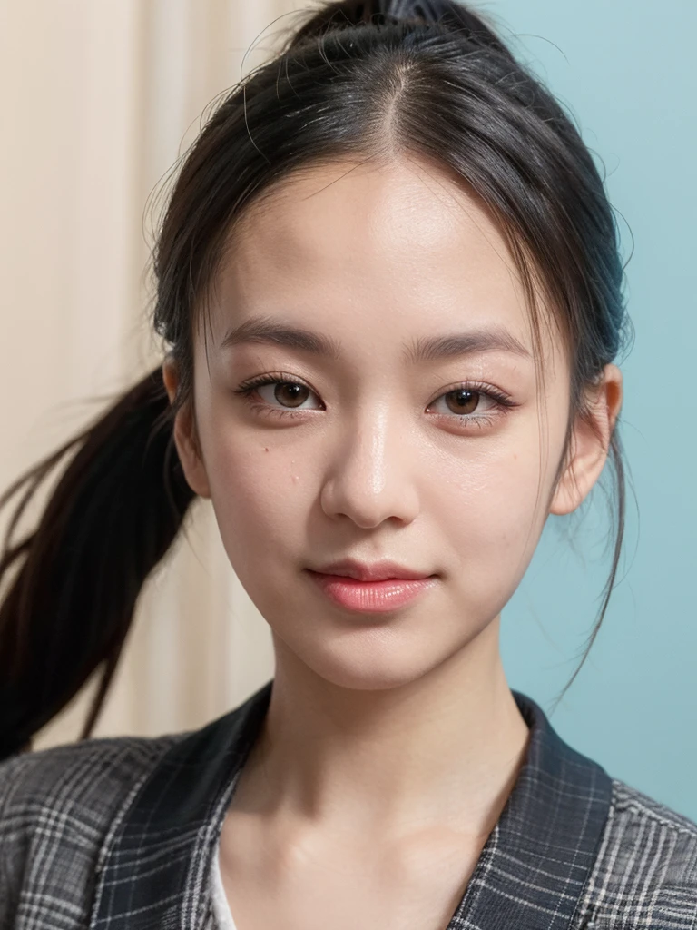 (Face close-up:1.21), (close mouth:1.21), (highest quality:1.4), 32K resolution, (Realistic:1.5), (Ultra-realistic:1.5), High resolution UHD, (masterpiece:1.2)), (Improvement of quality:1.4), (Very beautiful facial details), (Highest quality realistic skin texture:1.4), 1. woman, Supermodel, 27 years old, Perfect ???????:1.37, 1girl, solo, (detailed face:1.2), (detailed eyes:1.2), (detailed hair:1.2), (detailed clothes:1.2), 4k, smiling, high resolution, Very detailed, (turquoise eyes), Symmetrical eyes, Thin lashes, Sharpen your eyebrows, ((A great eye for quality:1.2)), (Long eyeliner), (Pink lipstick:0.8), (Detailed nose:1.2), Perfect composition, (tired, Sleepy and satisfied:0.0), (Beautiful Lips:1.33), (Great nose:1.2), (Flat Chest), (Slim lower body), (ponytail hair:1.37), (Black Hair:1.21), Let your bangs hang long, ((Realistic)), ((Sharp focus)), (Highest Resolution), dramatic cinematographic lighting,