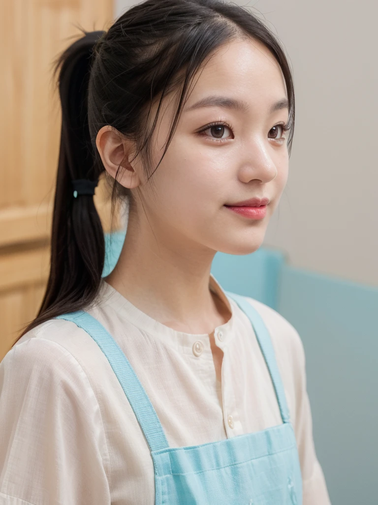 (Face close-up:1.21), (close mouth:1.21), (highest quality:1.4), 32K resolution, (Realistic:1.5), (Ultra-realistic:1.5), High resolution UHD, (masterpiece:1.2)), (Improvement of quality:1.4), (Very beautiful facial details), (Highest quality realistic skin texture:1.4), 1. woman, Supermodel, 27 years old, Perfect Anatomy:1.37, 1girl, solo, (detailed face:1.2), (detailed eyes:1.2), (detailed hair:1.2), (detailed clothes:1.2), 4k, smiling, high resolution, Very detailed, (turquoise eyes), Symmetrical eyes, Thin lashes, Sharpen your eyebrows, ((A great eye for quality:1.2)), (Long eyeliner), (Pink lipstick:0.8), (Detailed nose:1.2), Perfect composition, (tired, Sleepy and satisfied:0.0), (Beautiful Lips:1.33), (Great nose:1.2), (Flat Chest), (Slim lower body), (ponytail hair:1.37), (Black Hair:1.21), Let your bangs hang long, ((Realistic)), ((Sharp focus)), (Highest Resolution), dramatic cinematographic lighting,