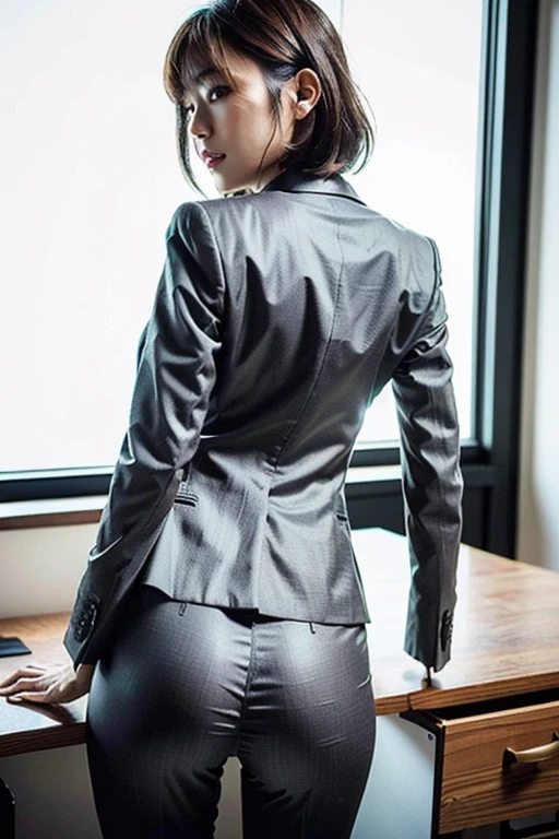 (highest quality, 8k, 32k, masterpiece, Ultra-high resolution:1.2), One girl, Beautiful Japanese Women, Tight waist, grey suit, Open jacket, office lady, suit, pants, From behind, Office Room, machine, (Stick your butt out:1.2), Detailed face, short hair, From below, Raise one leg