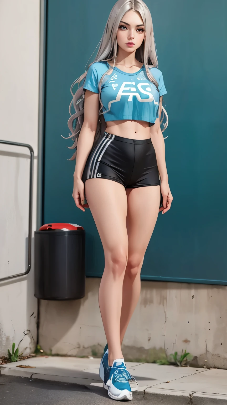 wavy silver hair that cascades down to mid-back. olhos castanhos. Slender, athletic build. Ela estava usando uma saia em tons de azul, uma camisa azul clara. He was wearing sports shoes. muito peituda.