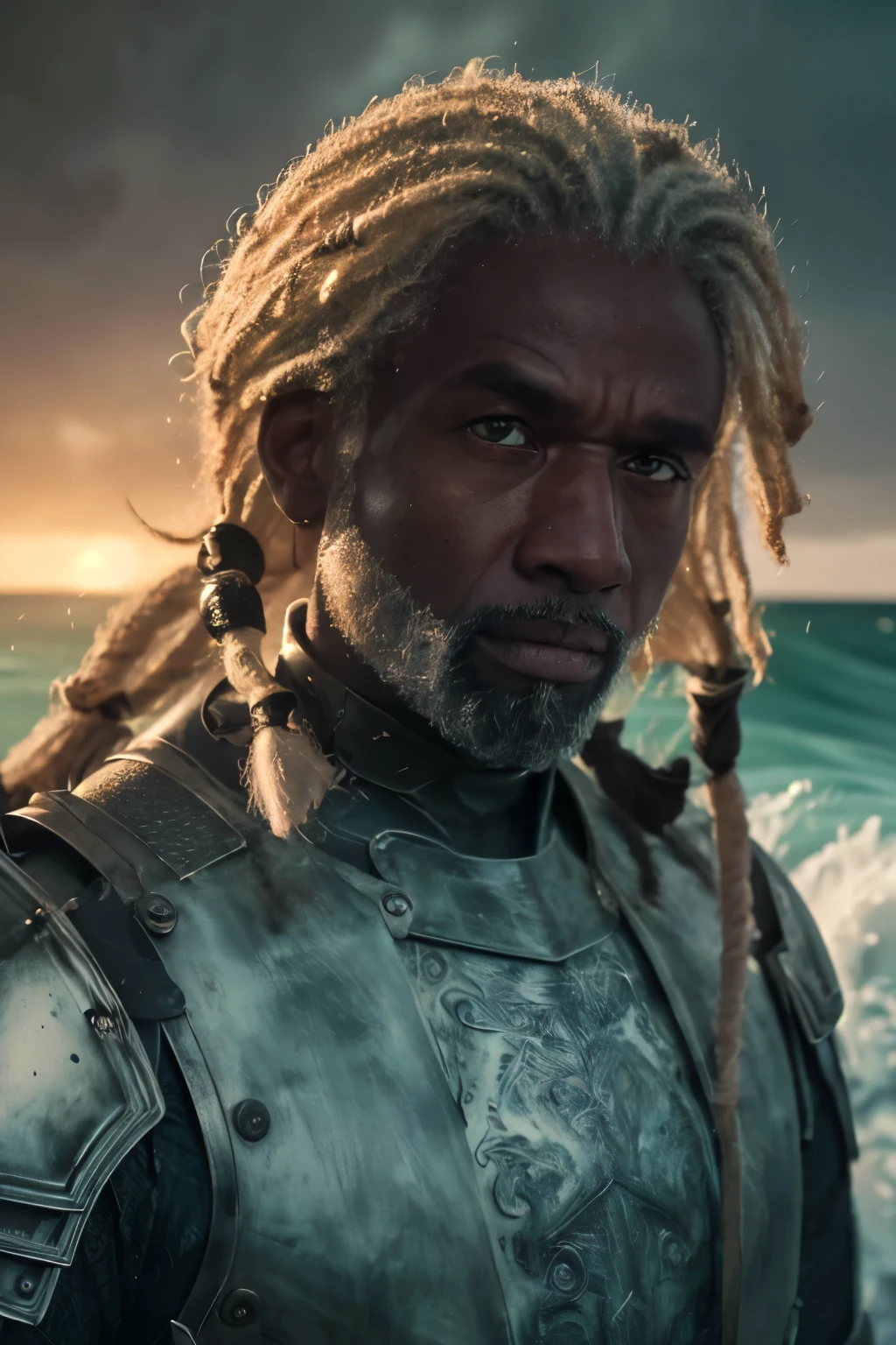 (((Cinematic epic poster))) of Corlys Velaryon , a old Black Man, 60 years old, ((white dreadlock hair)), wearing a combat armor, Gothic style, (((detailed face))), (a detailed RAW photo of a ), (master part:1.0), (best quality:1.4), (Ultra Highres:1.2), (photorealistic:1.4), 8K resolution, Canon EOS R5, 50 millimeters, Absurd, Ultra Detailed, sharp focus, Cinematic lighting, detailed face, (ULZZANG-6500-V1.1), detailed skin texture, pale skin, chest round, (pale :0.5), Cinematic lighting. (((Abstract wave dark background, cinematic lighting )))