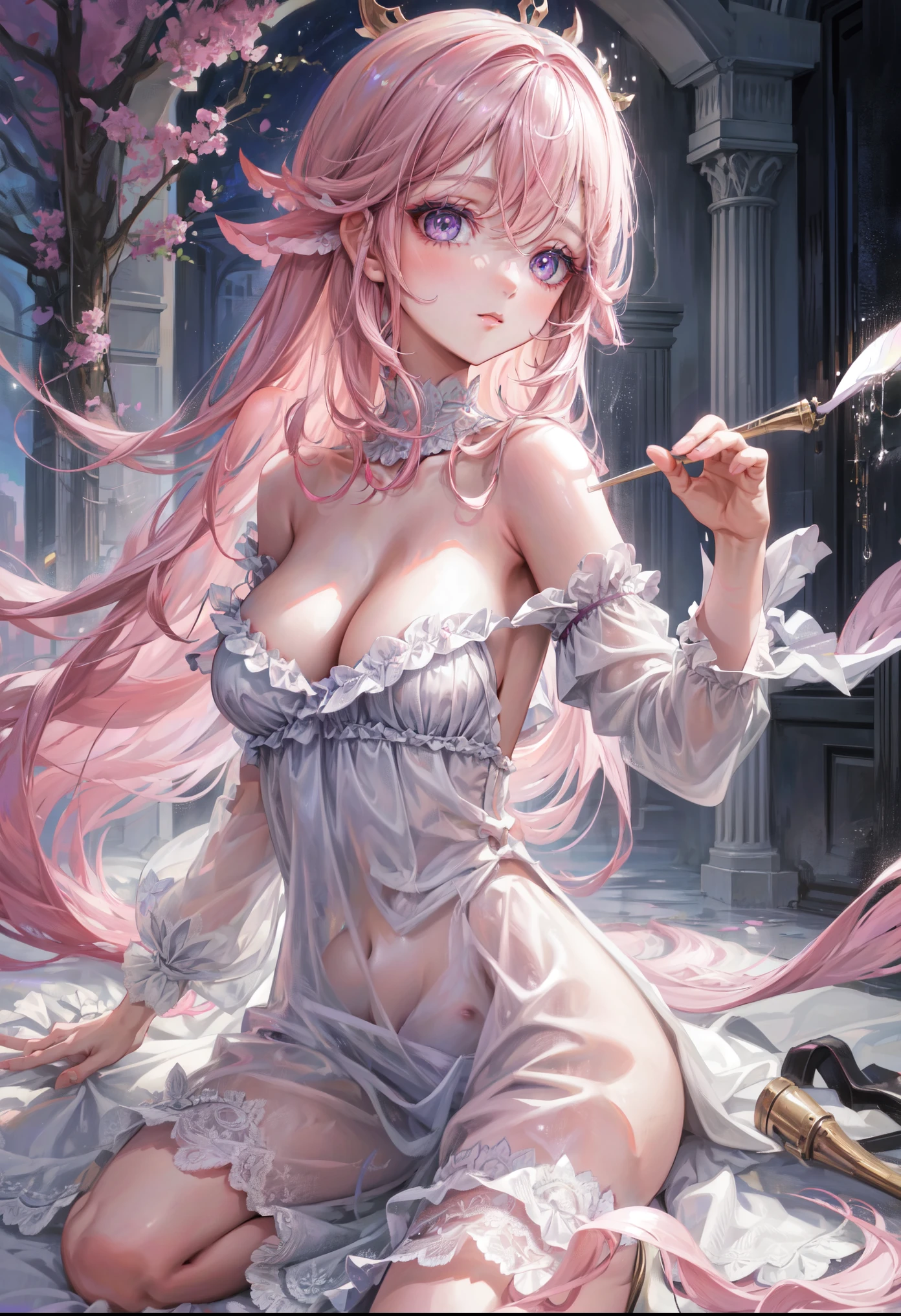 Best Quality, Masterpiece, (Realistic: 1.2), 1 girl, slim girl, pink hair, mauve eyes, front, detailed face, beautiful eyes, mauve eyes, big eyes, medium breasts, cleavage, long dress