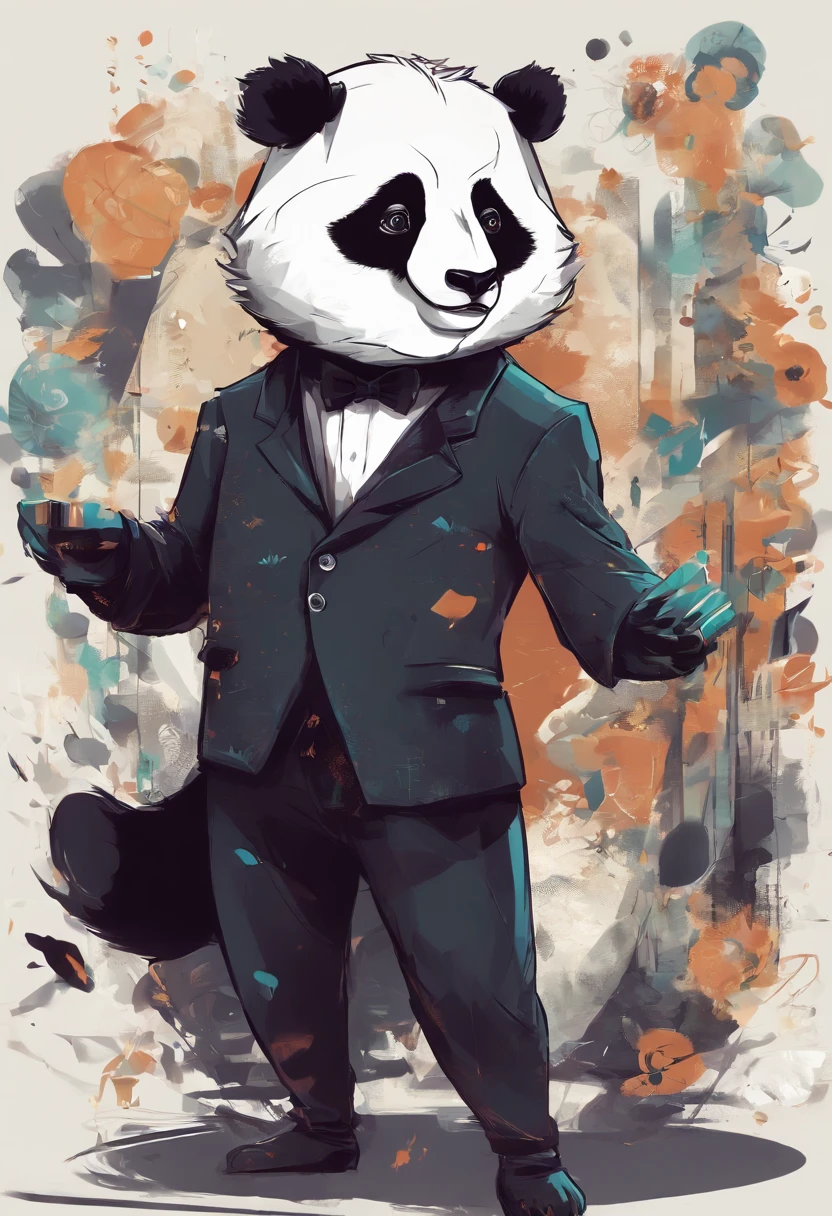 anthropomorphic panda, de cuerpo entero, vestido formalmente con un blazer, sostiene una bandeja, pegatina de panda, sticker de panda.