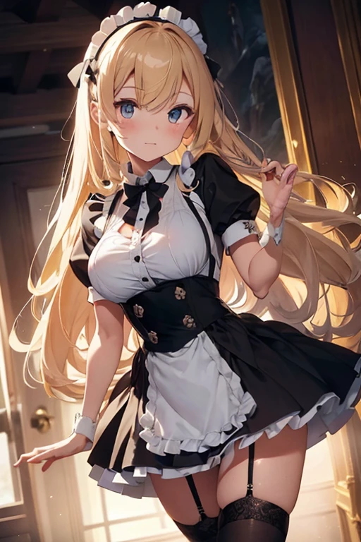 Persephone in her maid outfit, her long, flowing blonde hair gently caressing the tops of her shoulders. She is tall, her curves accentuated by a white button-down shirt that hugs her slender body. Her skirt, inspired by the traditional pencil style, is short and ruffled, showing off her toned thighs as she moves. Her legs are encased in black knee-high stockings and completed with a pair of shiny black heels. His eyes, a vivid green, seem to radiate an ethereal energy. The overall image is both eye-catching and elegant, transforming the mythical goddess into a mesmerizing figure of life's beauty in a quintessential maid outfit. It is impossible to resist his seductive charm and captivating presence. Persephone's maid outfit becomes a symbol of the life she embodies – a perfect fusion of grace, elegance and irresistibility.