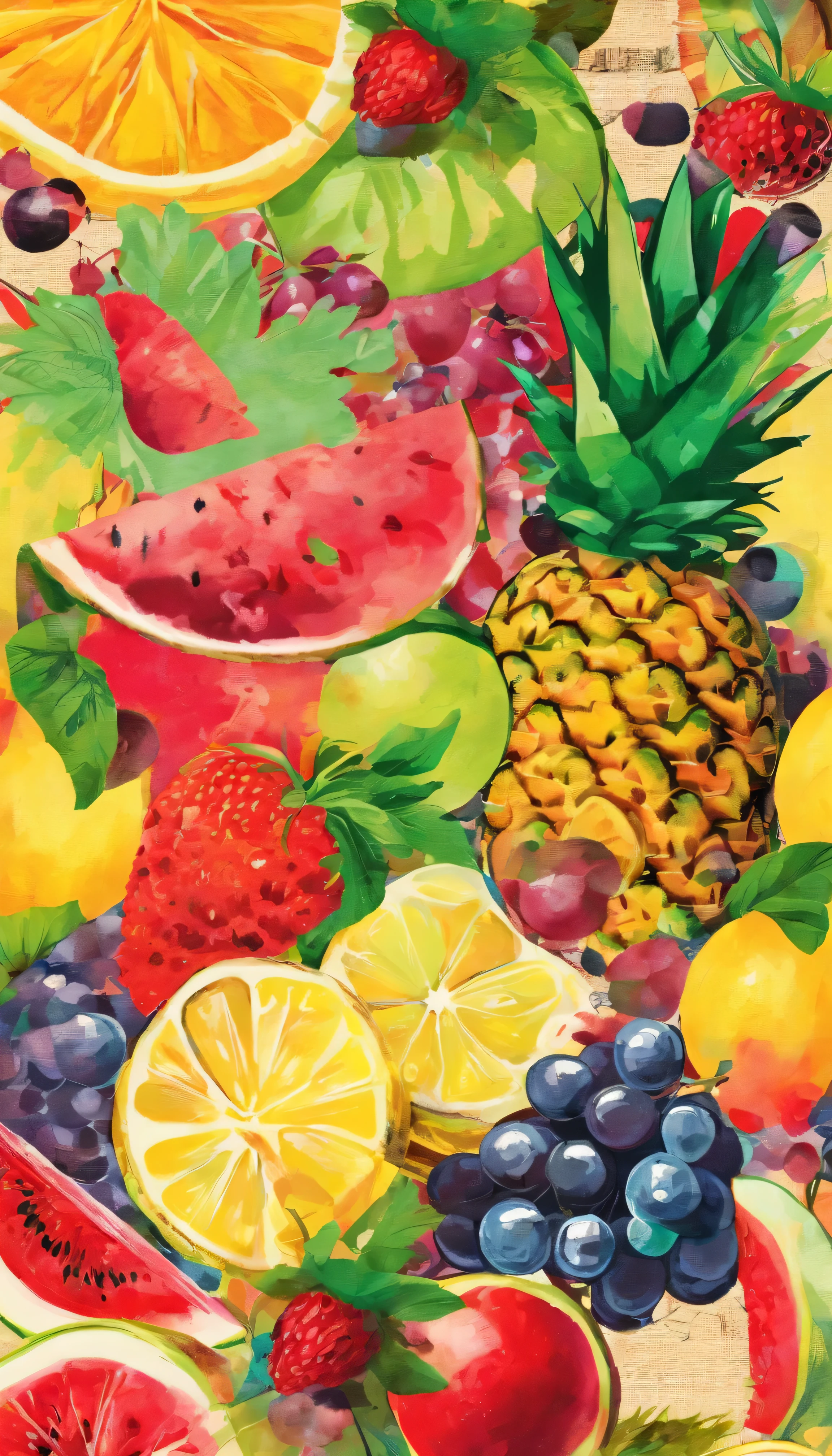 fruits, watermellons, chery, strawbery, kivi, grapes, pineapple, lemon mix, include ice cream, sun, deep colors collage, summer vibes