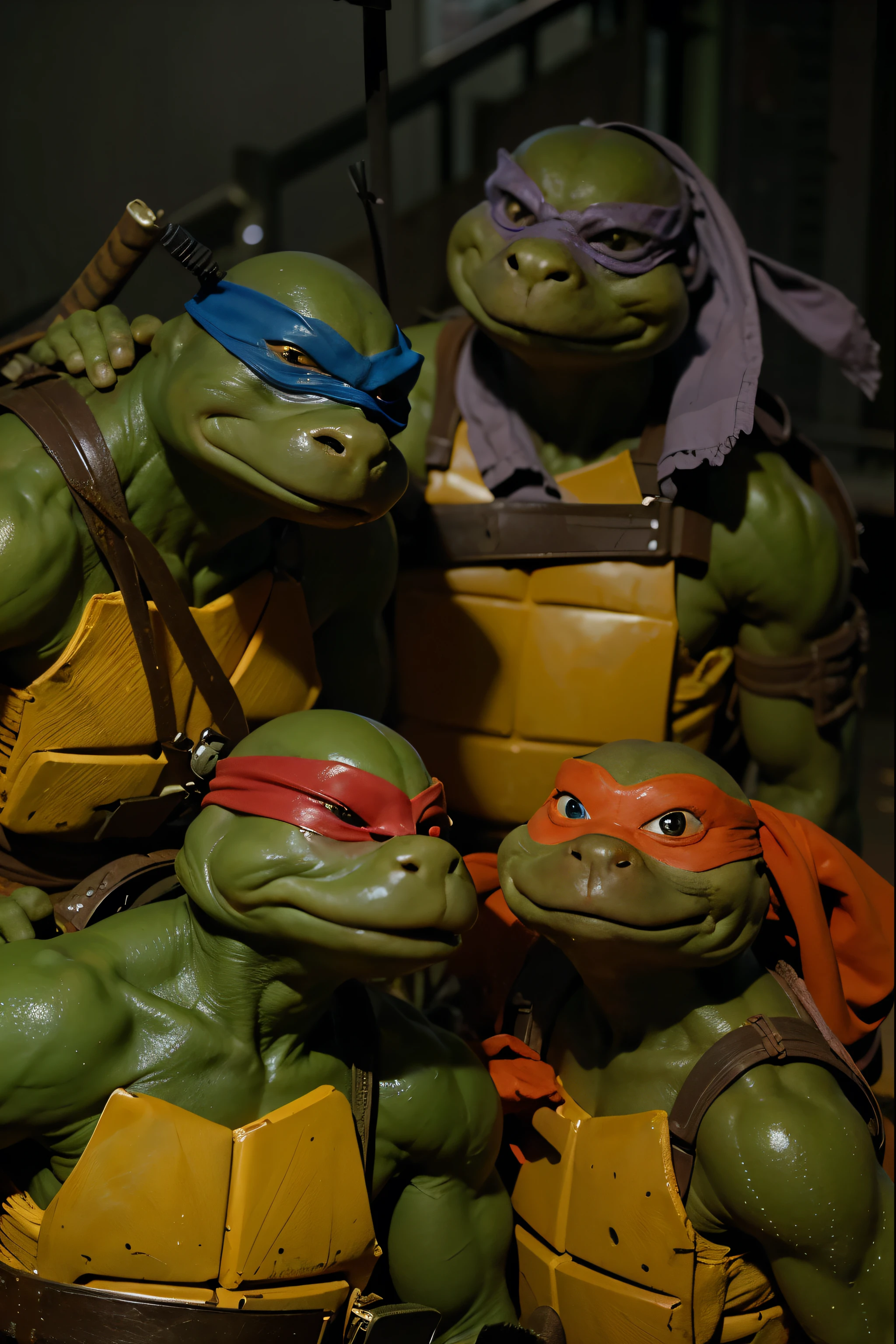 (Best quality, 8k, 32k, Masterpiece, UHD:1.2) Transform the setting of this image to feature the age Mutant Ninja Turtles with the New York City skyline at night in the background. The environment should include a building structure, such as the top of a rooftop, with elements like antennas, ventilation units, and scattered debris typical of an urban area. The cityscape should be visible, showcasing iconic skyscrapers and the vibrant lights of the city.
Introduce the TeenMutant Ninja Turtles into the scene. They should have realistic reptilian details and textures, while maintaining their humanoid appearance. Leonardo, with a textured blue bandana, should have smooth, greenish-brown skin with a detailed shell featuring subtle patterning. Michelangelo, wearing an orange bandana, should have a speckled, olive-green skin tone with webbed fingers and toes. Donatello, in a purple bandana, should exhibit darker, rugged skin with patches of mottled brown. Raphael, sporting a red bandana, should have rougher skin texture with visible veins and a deep green hue.
Highlight their reptilian nature with realistic skin textures, scales, and moist surfaces. The turtles should be in dynamic poses, ready for action, with their iconic weapons. The lighting should be dynamic, with contrasted shadows and highlights that accentuate their forms and the details of their surroundings. Use environmental lighting from the city below, such as streetlights and illuminated windows, to cast realistic glows and reflections on the turtles and the building structure.
Ensure the scene captures the gritty, urban feel of New York City at night, with a sense of readiness and vigilance as the turtles stand against the backdrop of the city skyline.
