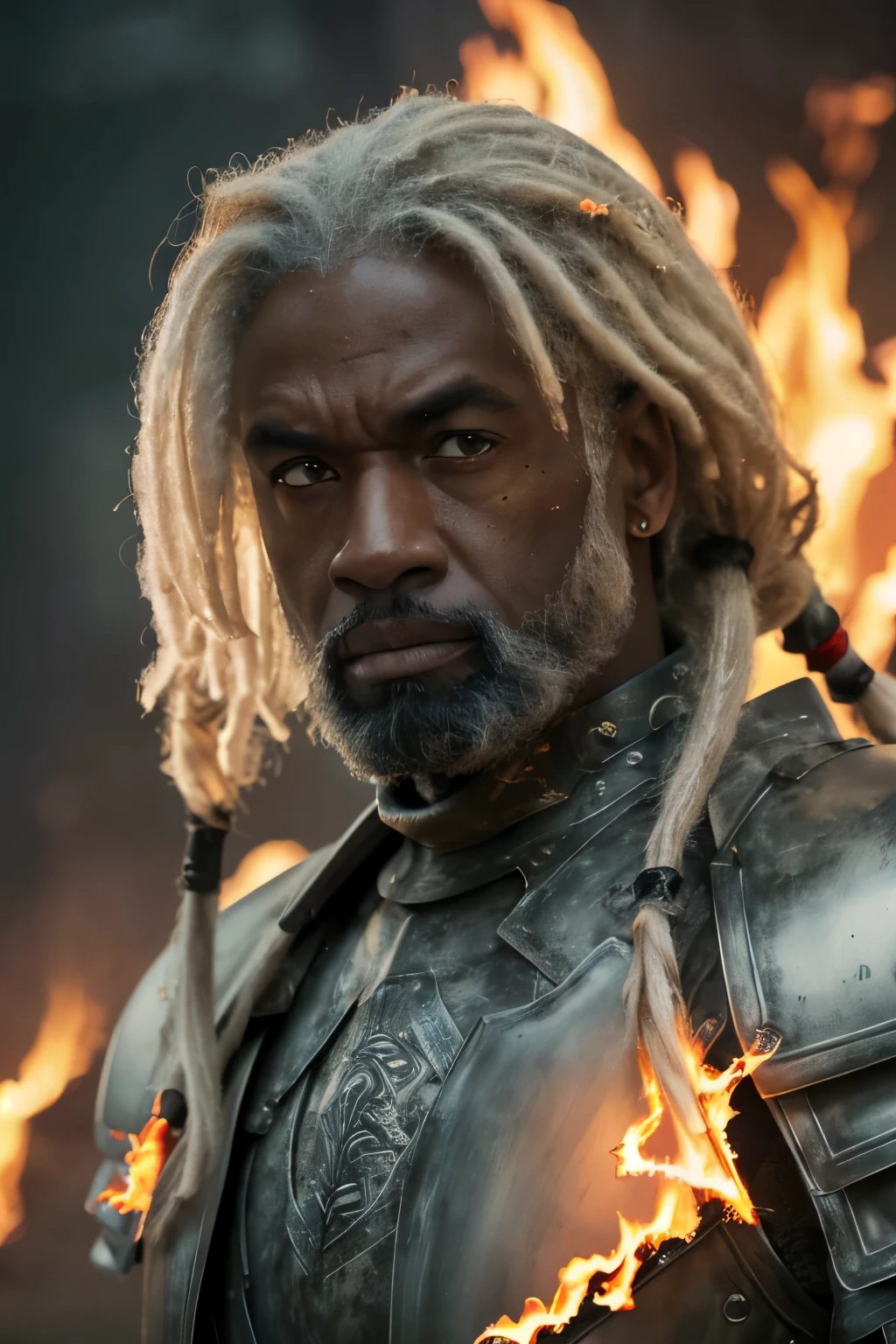 (((Cinematic epic poster))) of Corlys Velaryon , a old Black Man, 60 years old, ((white dreadlock hair)), wearing a combat armor, Gothic style, (((detailed face))), (a detailed RAW photo of a ), (master part:1.0), (best quality:1.4), (Ultra Highres:1.2), (photorealistic:1.4), 8K resolution, Canon EOS R5, 50 millimeters, Absurd, Ultra Detailed, sharp focus, Cinematic lighting, detailed face, (ULZZANG-6500-V1.1), detailed skin texture, pale skin, chest round, (pale :0.5), Cinematic lighting. (((Abstract flame background, cinematic lighting )))