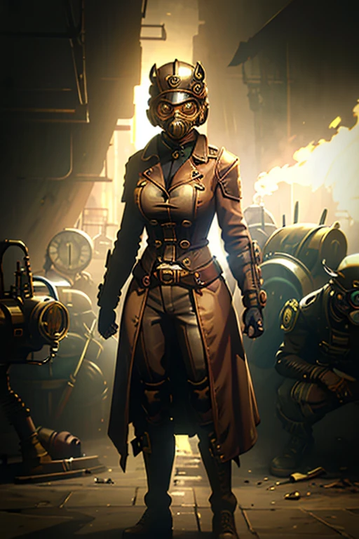 full face gas mask, female, trench coat, steampunk, police, goggles, face covered, face hidden, enforcer, riot mask, armor, helmet, eyes covered,