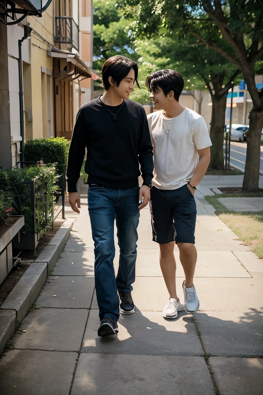 An anime-style scene of a couple consisting of two men playing with a young boy.