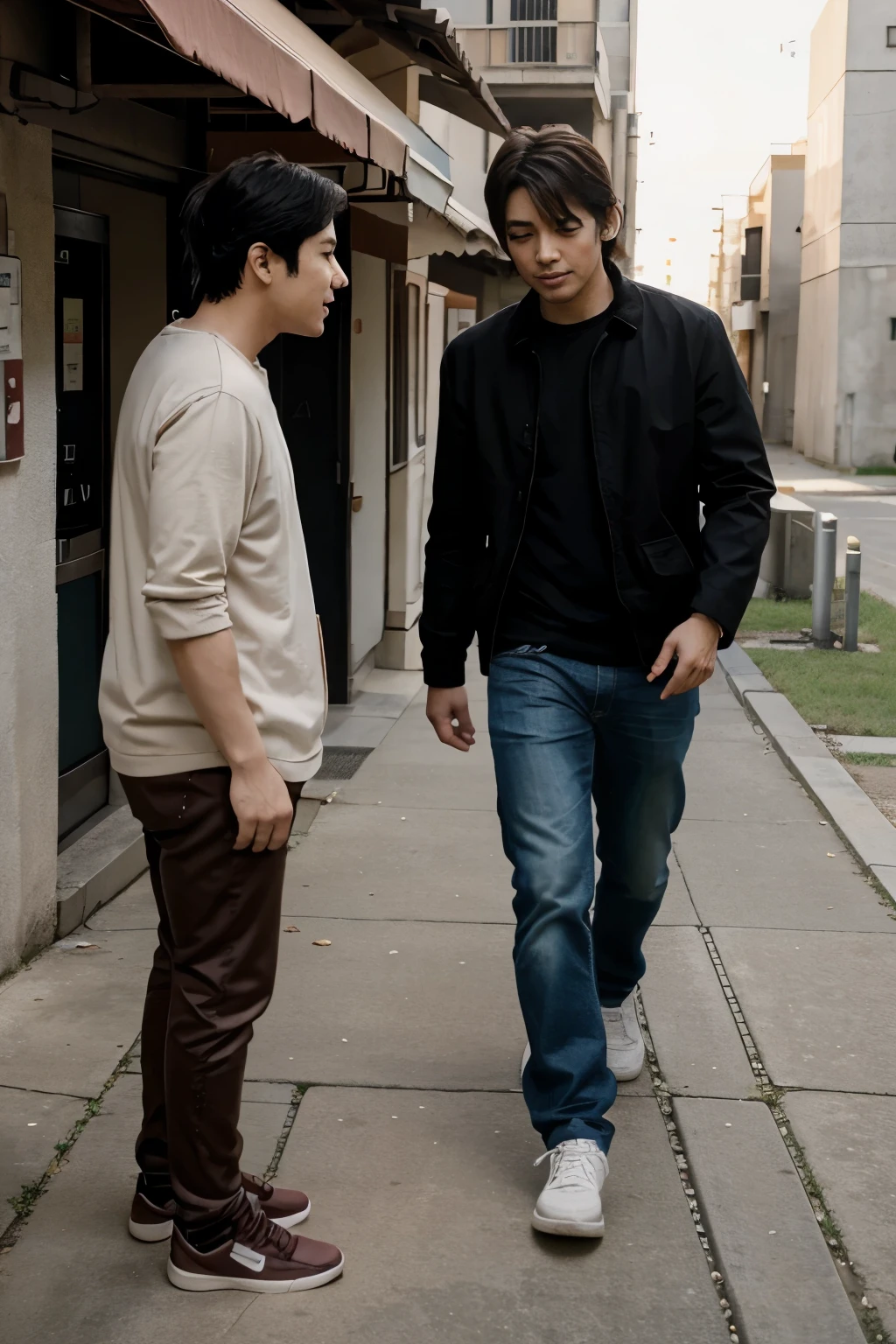 An anime-style scene of a couple consisting of two men playing with a young boy.
