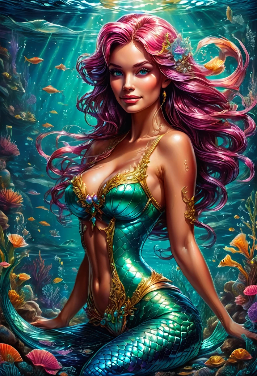 Mermaid Princess, by dan mumford, best quality, masterpiece, very aesthetic, perfect composition, intricate details, ultra-detailed