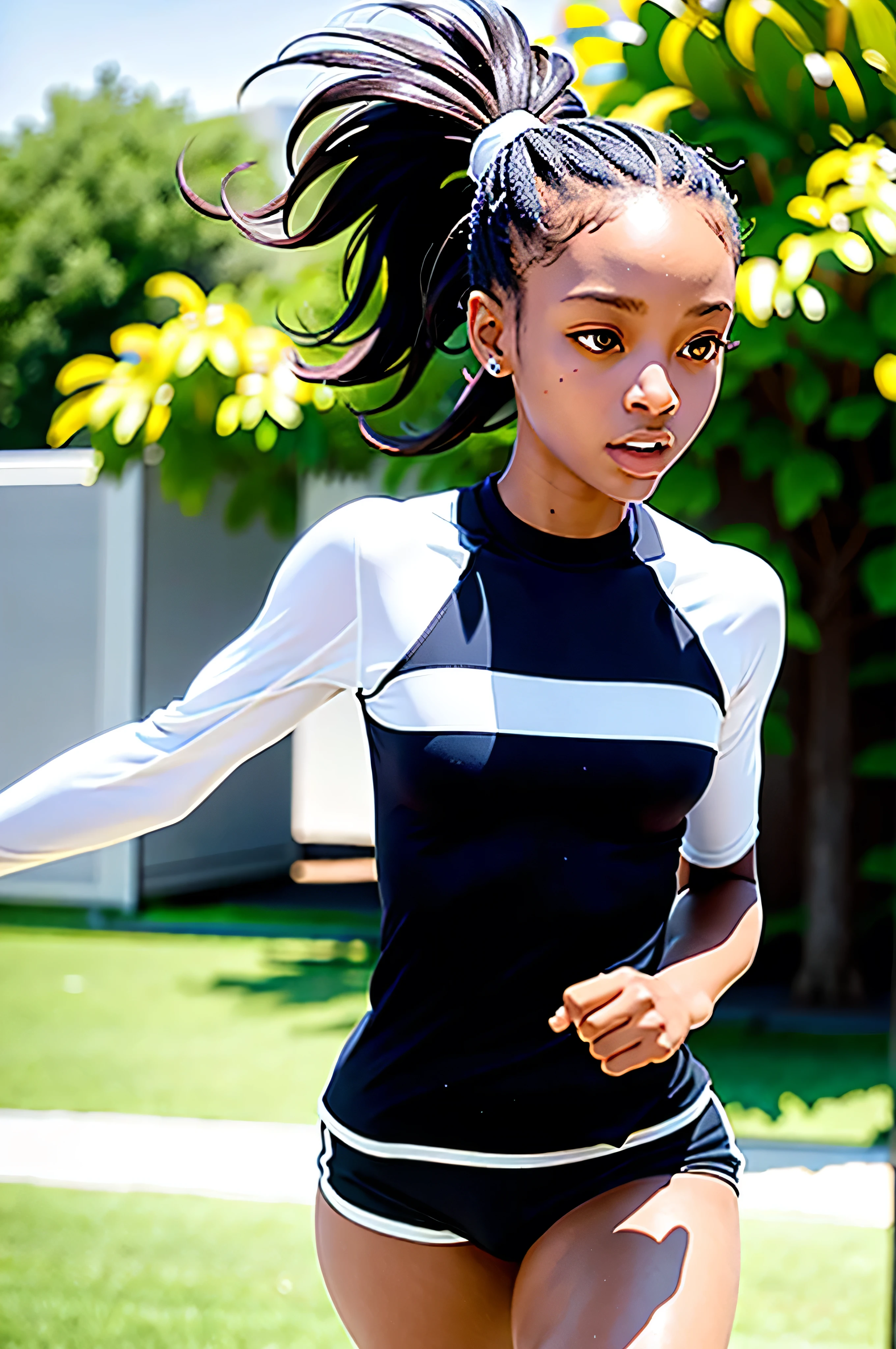 1 black girl, solo, running, Gray Track Top, pink shorts, ponytail, athletic build, dynamic brushstrokes, fluid movement, capturing the essence of her athleticism and energy, using light colors and soft tones to create a dreamy and ethereal atmosphere, portraying the motion and grace of running, showing the wind blowing her ponytail and clothes, and the scenery of her surroundings.
outdoors, detailed background, Modern metropolis,