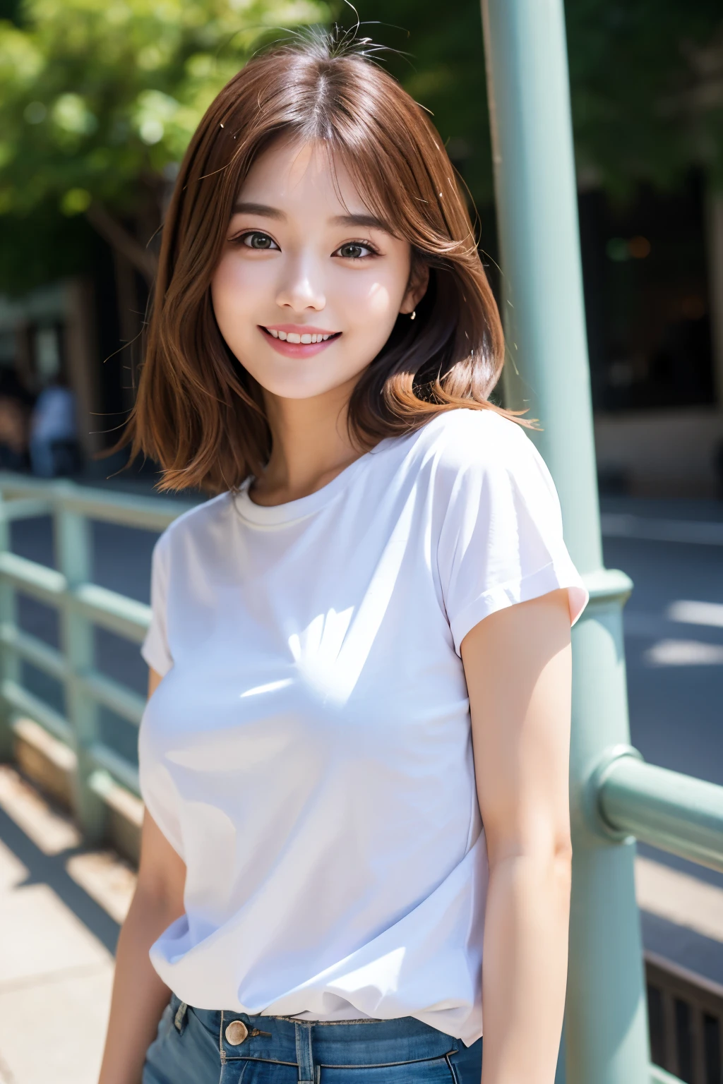 Best quality, masterpiece, ultra-high resolution, (photorealistic: 1.4), 1 woman, smiling eyes, (ulzzang-6500-v1.1: 1.0), brown hair, black eyes, 30 years old, beautiful woman, actress, white T-shirt.
