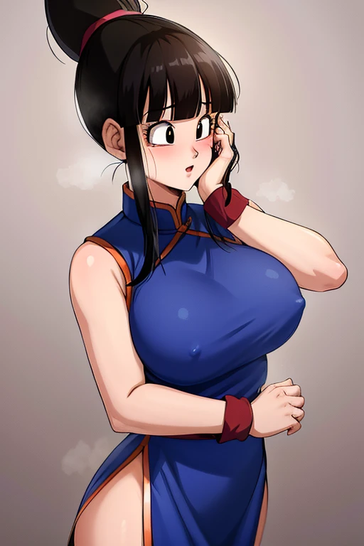 (nsfw),(extremely detailed CG unity 4k wallpaper),(masterpiece),(best quality),(ultra-detailed),(best illustration),(best shadow),(absurdres),(detailed background), Chi Chi (dragon ball), 1girl, solo, black hair, chinese clothes, hands on own face, bangs, blunt bangs, (ponytail), black eyes, china dress, sleeveless, dress, ponytail, hands on own cheeks, wristband, sleeveless dress, upper body, blue dress, :o, long hair, eyelashes,(nsfw)