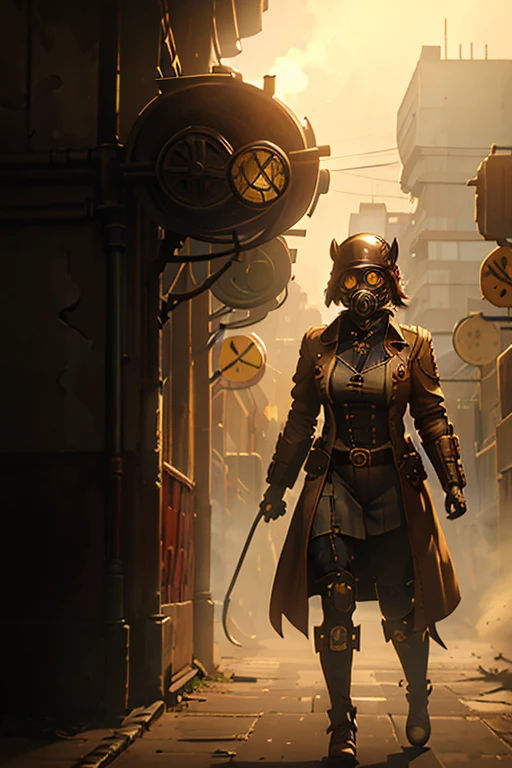 full face gas mask, female, trench coat, steampunk, police, goggles, face covered, face hidden, enforcer, riot mask, armor, helmet, eyes covered, neck scar,