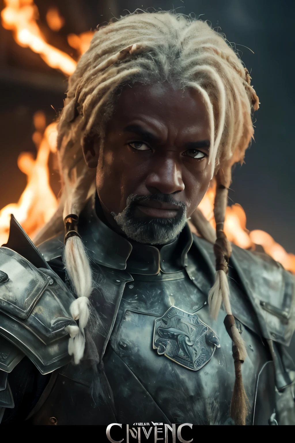 (((Cinematic epic poster))) of Corlys Velaryon , a old Black Man, 60 years old, ((white dreadlock hair)), wearing a combat armor, Gothic style, (((detailed face))), (a detailed RAW photo of a ), (master part:1.0), (best quality:1.4), (Ultra Highres:1.2), (photorealistic:1.4), 8K resolution, Canon EOS R5, 50 millimeters, Absurd, Ultra Detailed, sharp focus, Cinematic lighting, detailed face, (ULZZANG-6500-V1.1), detailed skin texture, pale skin, chest round, (pale :0.5), Cinematic lighting. (((Abstract flame background, cinematic lighting )))