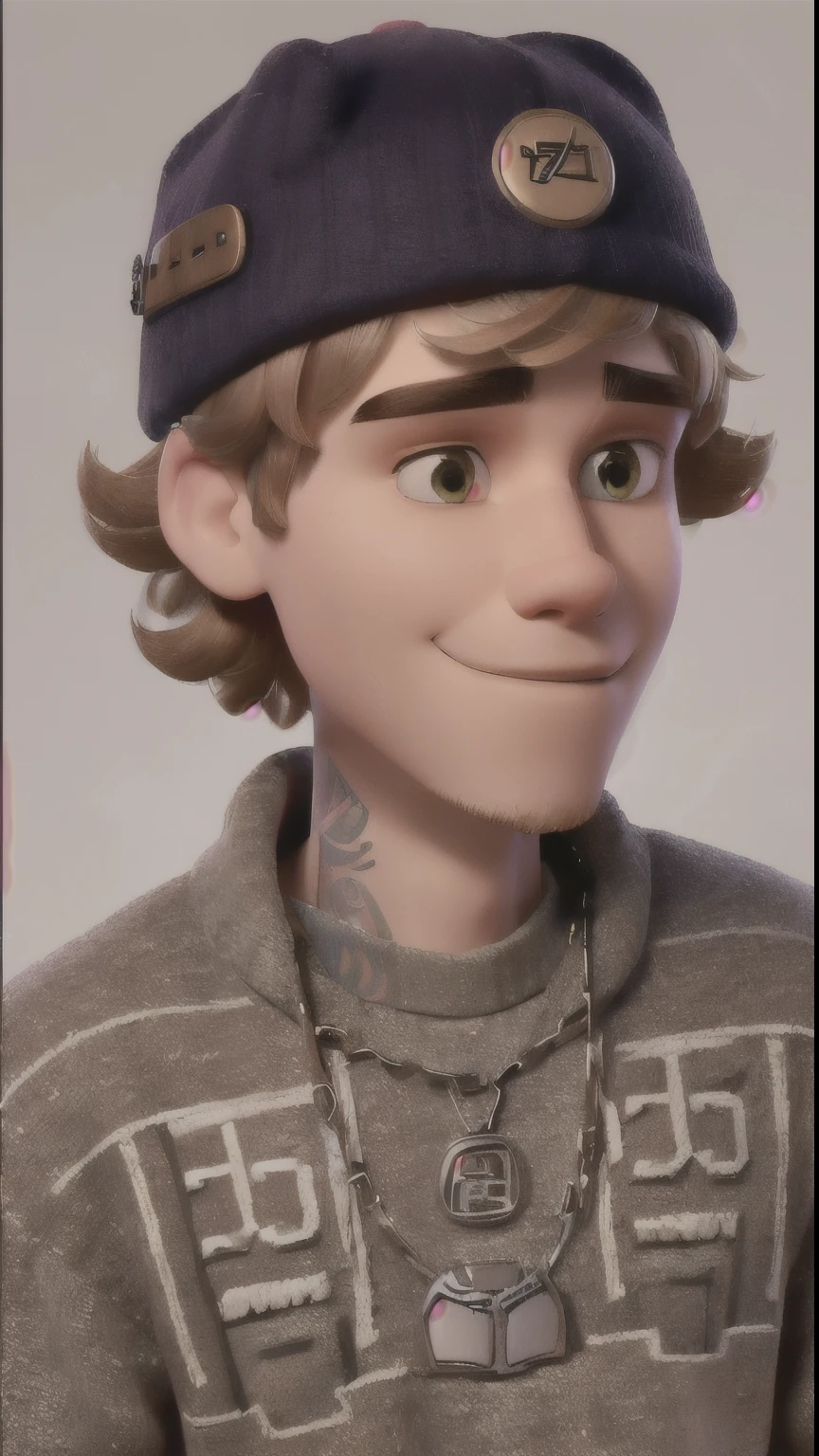 a close up of a person wearing a hat and a sweater, justin bieber, of portrait of justin beber, with tattoos, well defined jawline, style of seb mckinnon, slightly defined jawline, wearing a chain, he is wearing a brown sweater, he has short curly brown hai