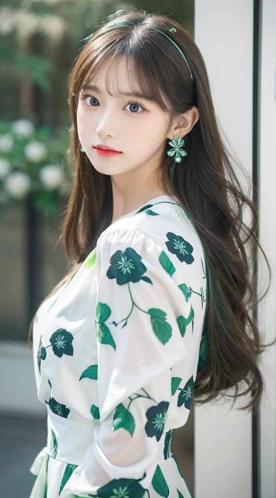 A beautiful girl with off-white long hair, white luminous eyes, green luminous earrings, and a black floral dress with blue and green patterns, masterpiece, studio light, professional, highres, best quality, HDR, shot from the side Light,