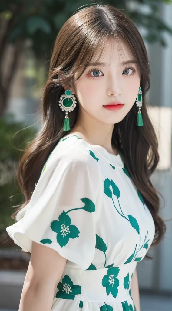 A beautiful girl with off-white long hair, white luminous eyes, green luminous earrings, and a black floral dress with blue and green patterns, masterpiece, studio light, professional, highres, best quality, HDR, shot from the side Light,
