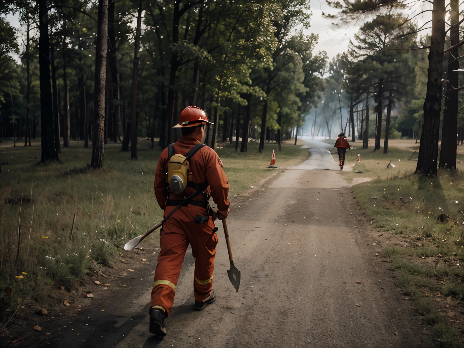 man dressed as a firefighter holding ax in his left hand walking towards a burning forest
