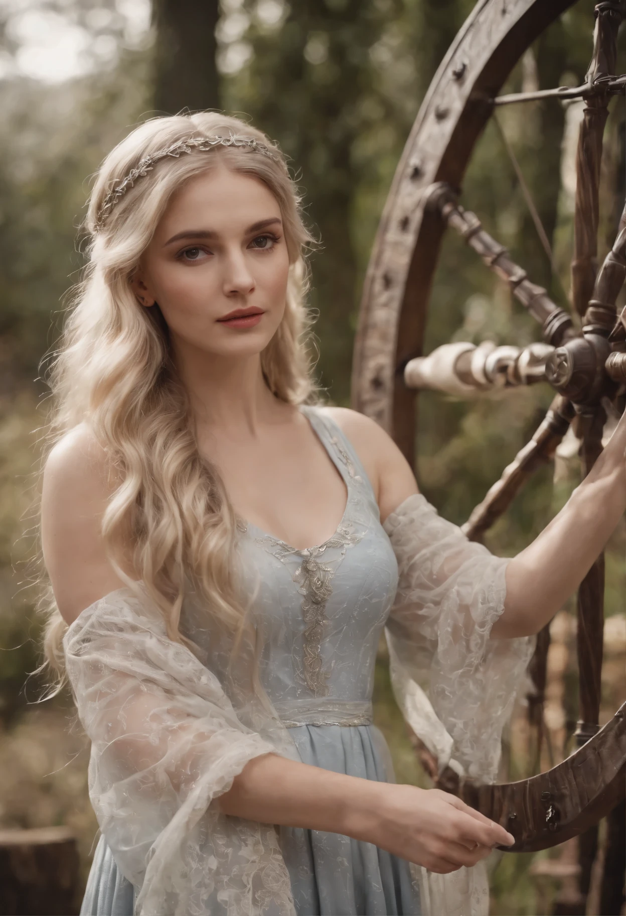 Let's create the same goddess Arianrhod in front of a wheel that turns the silver thread of a spinning wheel