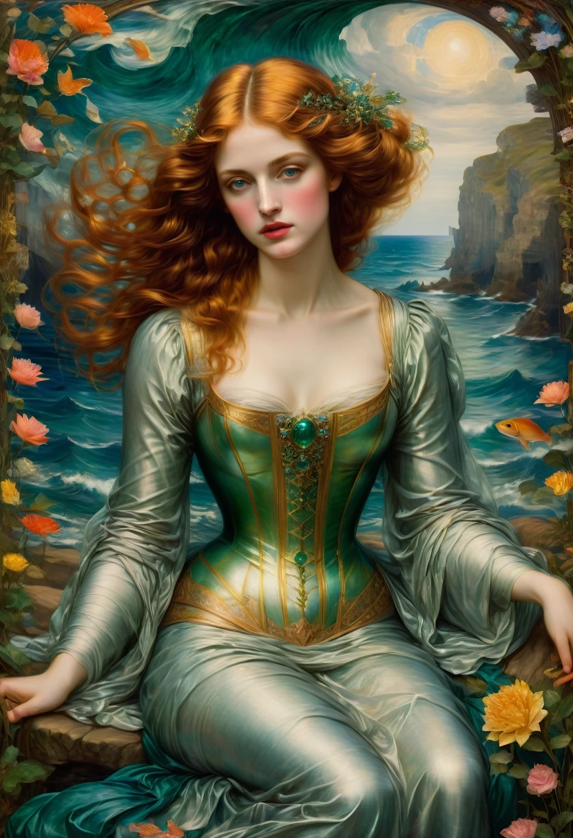 Mermaid Princess, by Dante Gabriel Rossetti, best quality, masterpiece, very aesthetic, perfect composition, intricate details, ultra-detailed