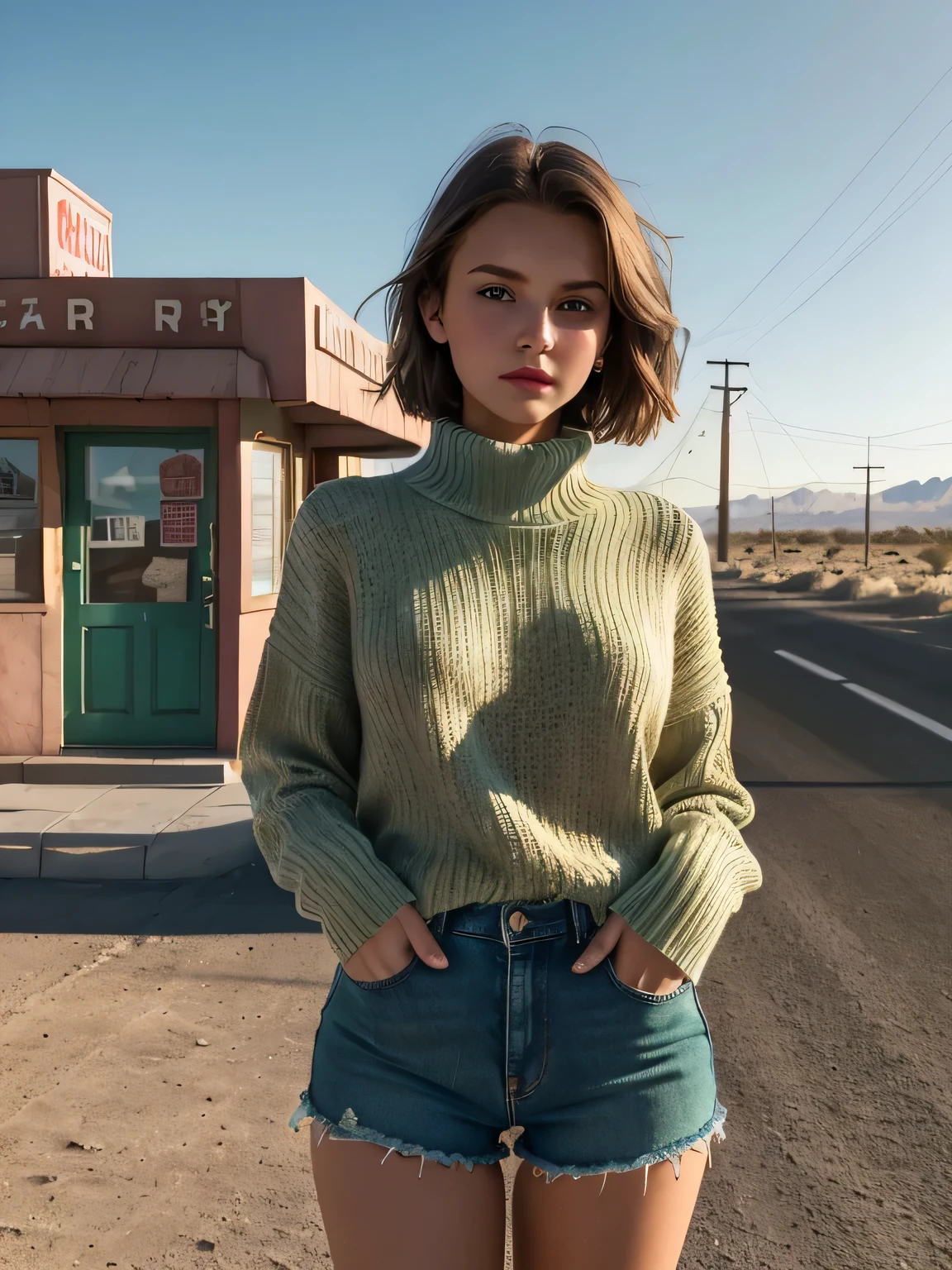 (((hd closeup photo))) beautiful young polish teen, green eyes wearing tight denim shorts , standing on busy street corner in the Mojave desert, abandoned diner, short brown hair, red lipstick, black turtleneck sweater, morning light,
