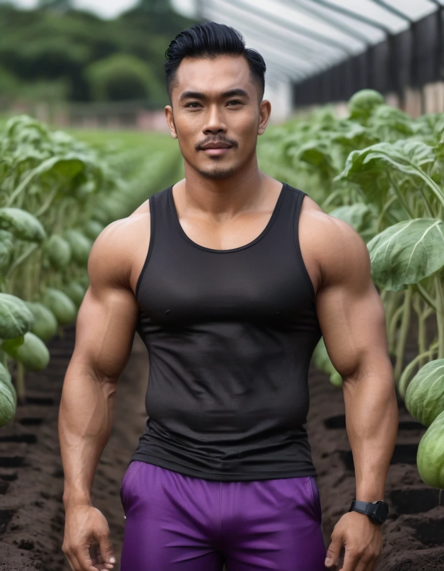 create a hyper realistic a handsome malay man who have a big muscular body builder with cool skinned. he wearing a black tank top and tight legging at vegetable garden while holding eggplant. his hair is messy and wet. close up photo. high quality photo. detailed.