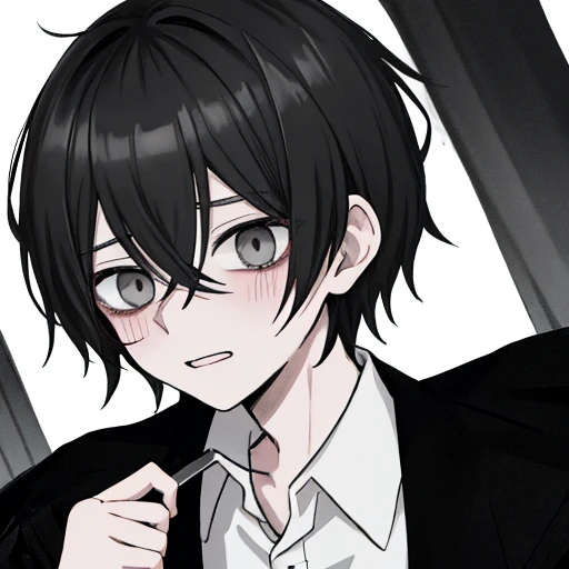 Anime boy, simple straight black hair, panic emotions, pale, miserable, panic, need help, black theme, dark, creepy, weird, white shirt, pathetic, lost mind, weirdo, man, thin, dirty, he looks scary, black yandere, creepy smile, scary actions, looks like an addict, blushing in pain, handsome creepy guy, grayscale