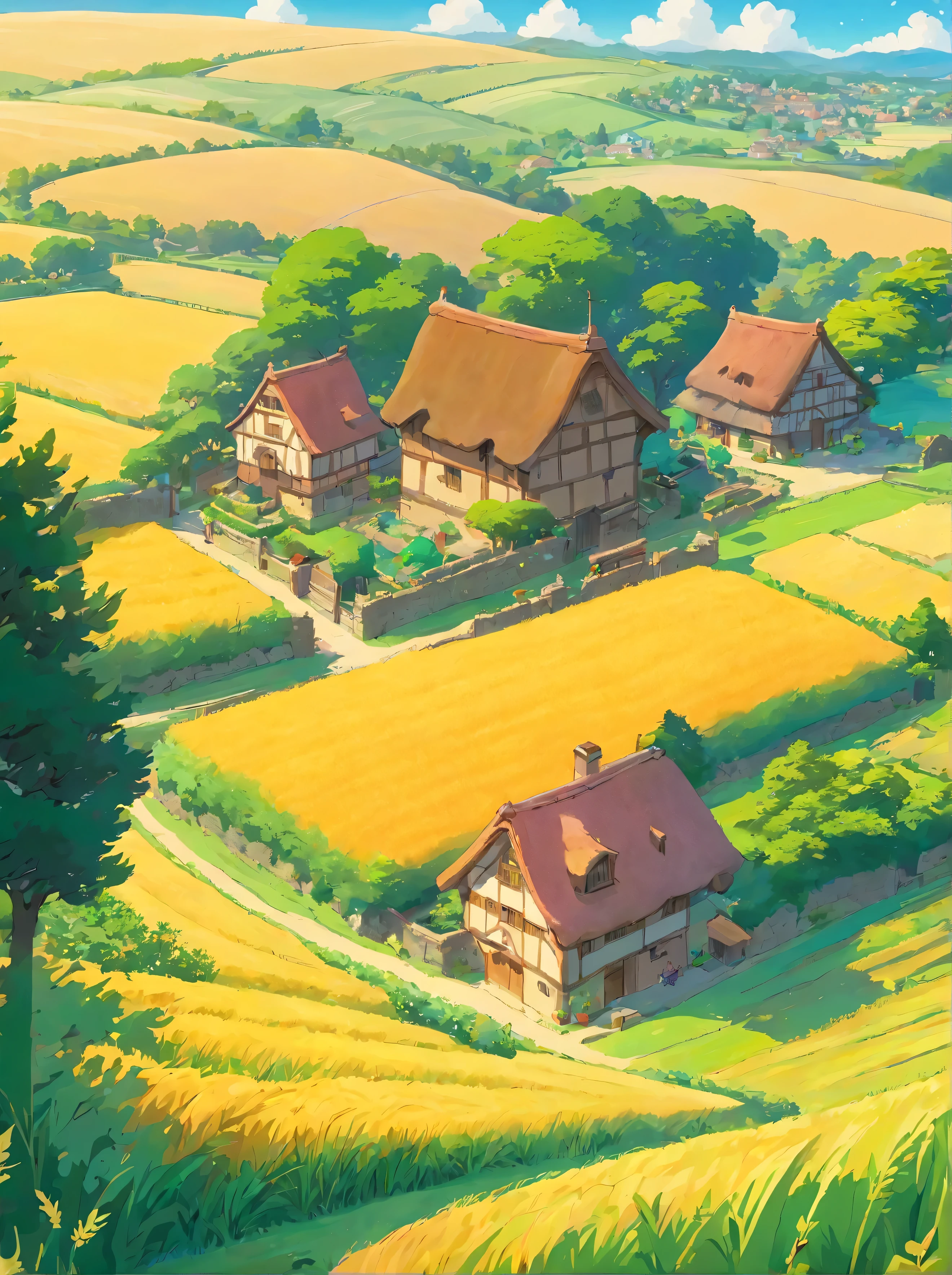 farms,idyllic,wheat field,There are houses and lots of trees, english village, manicured garden of eden, Beautiful English garden, beautiful english countryside, English countryside, Residence and garden, lush countryside,