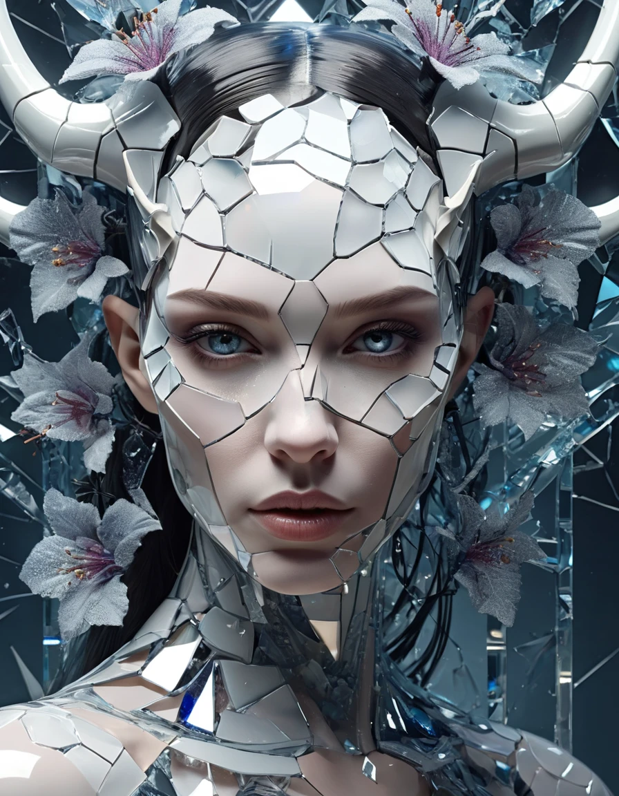 A portrait of a female broken android with a cracked porcelain face that's shattering into fragments, futuristic look, close-up, skull, shattered glass, made of porcelain, broken, destroyed, abstract patterns, white and light gray, head and shoulders portrait of succubus with flowers aquatic motifs, by Giger, Tim Burton, Artgerm, hyperdetailed