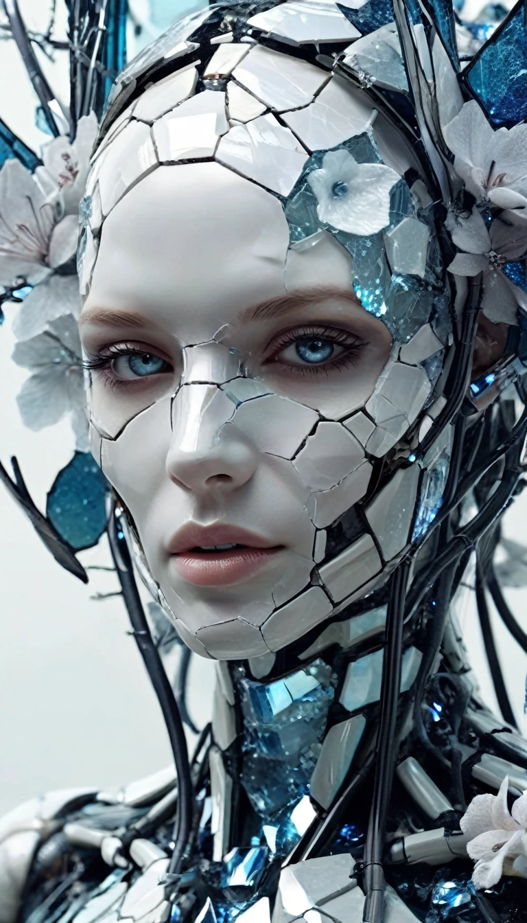 A portrait of a female broken android with a cracked porcelain face that's shattering into fragments, futuristic look,  close-up, skull,  shattered glass,  made of porcelain, broken, destroyed, abstract patterns,  white and light gray, head and shoulders portrait of succubus with flowers aquatic motifs, by Giger, Tim Burton, Artgerm, hyperdetailed