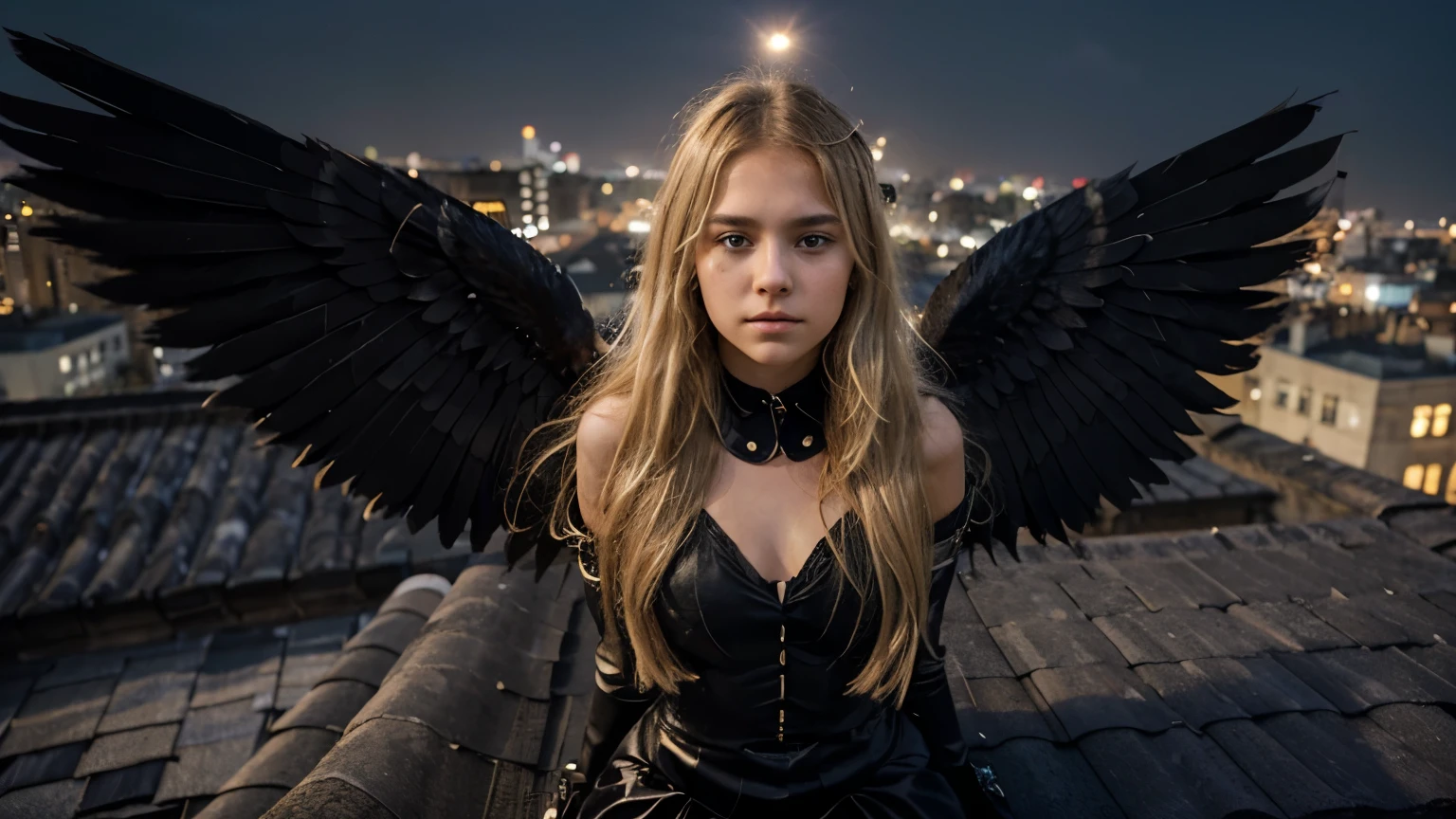 
A fourteen-year-old girl with blonde hair knelt on a rooftop, her black wings spread wide behind her. The contrast between her golden locks and the dark, feathered wings was striking. She gazed out over the city, the moonlight casting a silver sheen on the roof tiles. Her expression was a mix of determination and sorrow, as if carrying the weight of a secret too heavy for her young shoulders.