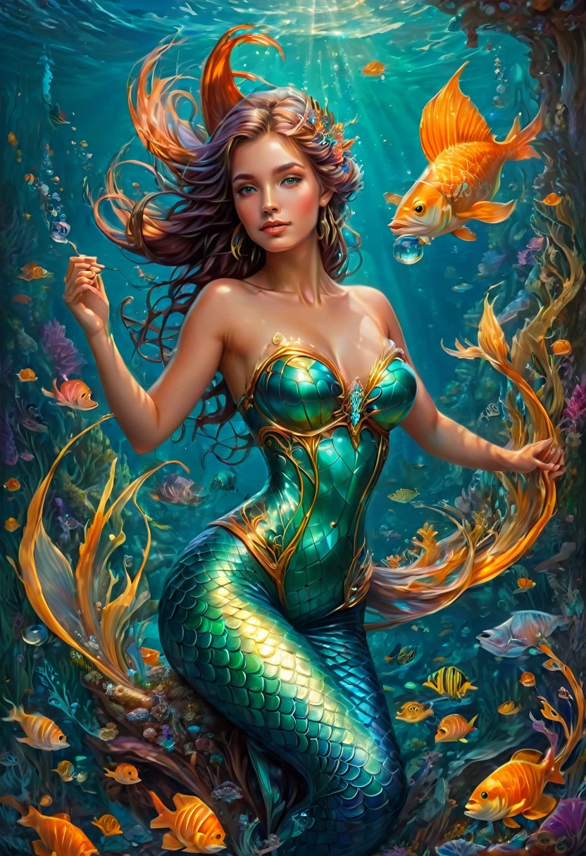 Mermaid Princess, by Peter Mohrbacher and Brandon Woelfel, best quality, masterpiece, very aesthetic, perfect composition, intricate details, ultra-detailed